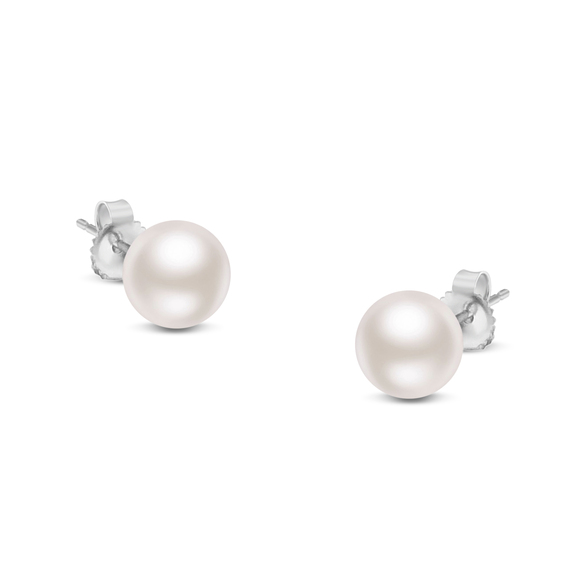 14K White Gold Round White 6.5-7.0MM Saltwater Akoya Cultured Pearl Stud